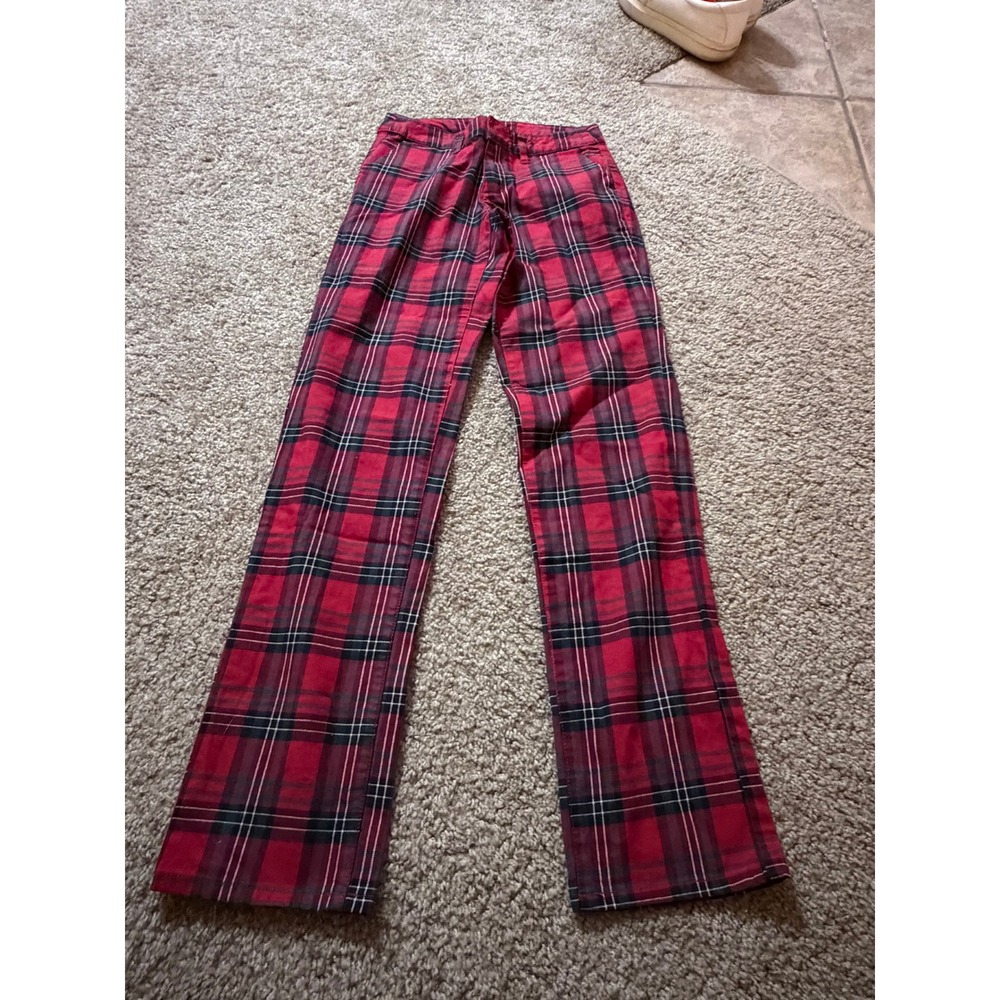 Zumiez Empyre Caelie Straight Crop Pants Red Tartan Plaid Women Size 00 - Picture 8 of 11